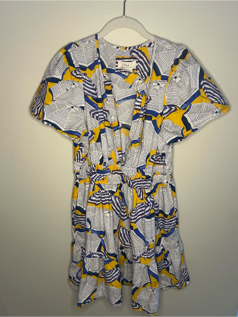 Anthropologie White Dress with Yellow & Blue Abstract Pattern